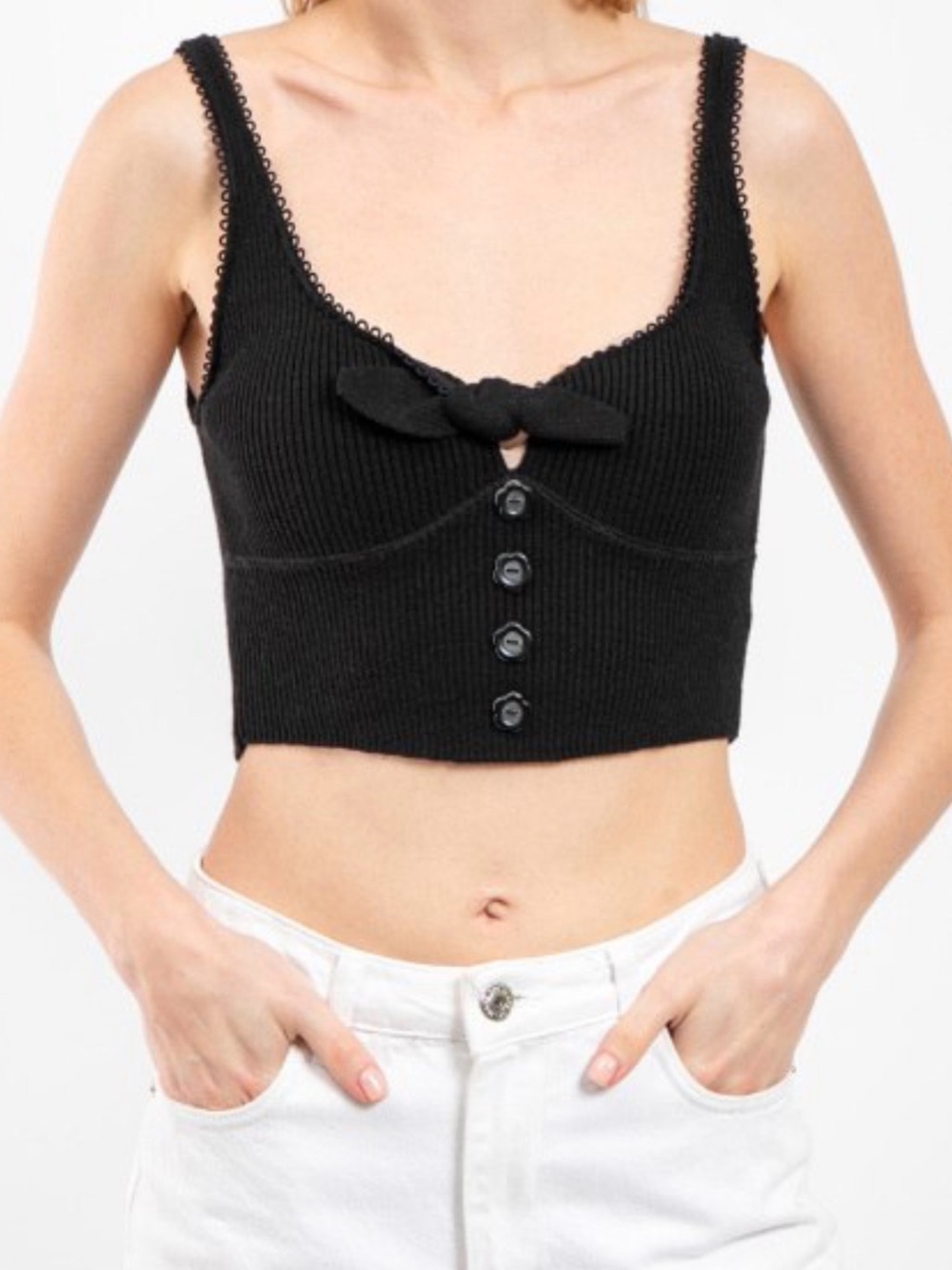 For Love & Lemons Black Ribbed Knit Flower Button Crop Top Medium Rare